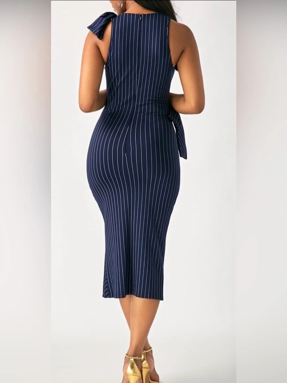 Navy Pinstripe Midi Dress with Statement Bow - Picture 2 of 6